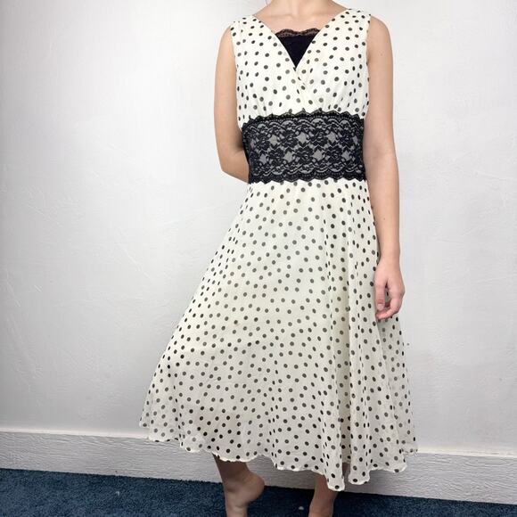 Vintage Y2K Mod Retro Polka Dot Lace Waist Babydoll Midi Dress Cream/Black Sz 8 - Picture 2 of 16